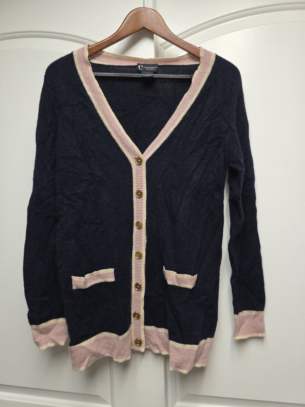 C By Bloomingdale's 100% cashmere tipped Navy pink White cardigan large